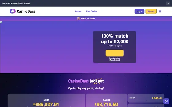 Casino Days casino lobby screenshot
